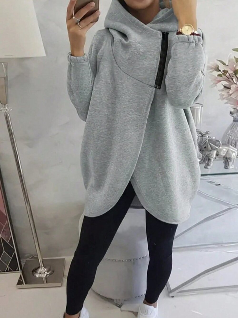 Light Grey Casual Women's Zipper And Tulip Hem Sweatshirt